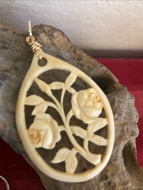 Vintage Hand Carved Bovine Bone Teardrop Art Nouveau Pendant